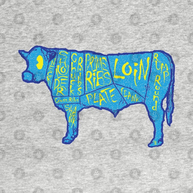 80s 90s Vintage Retro Style Blue Cow Butcher Chart by PelagiosCorner